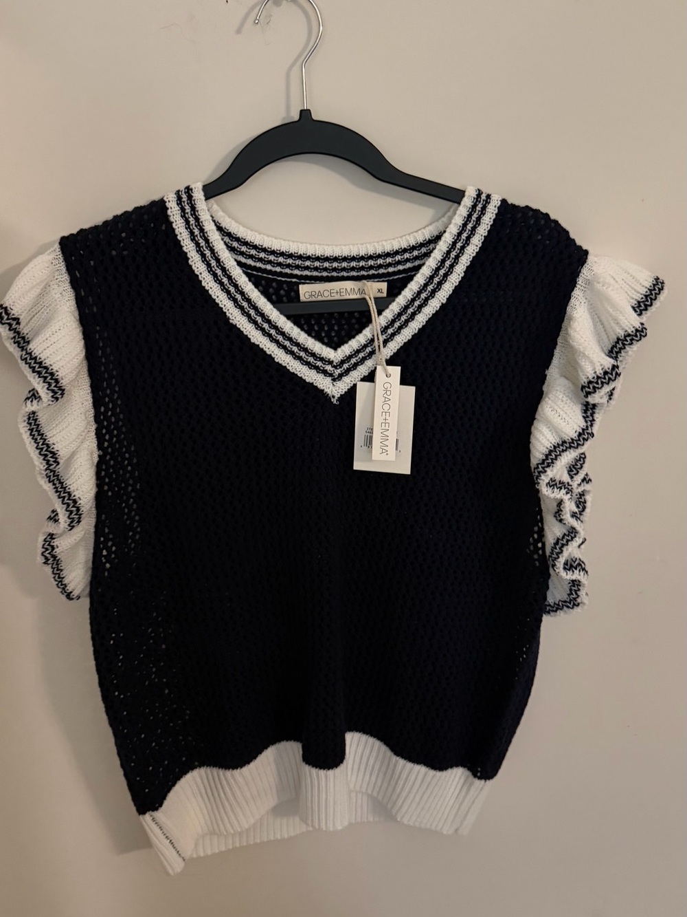 Navy Blue Ruffle Sleeve Knit Top